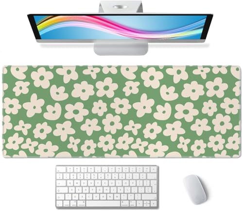 Large Gaming Mouse Pad with Stitched Edges, Green Background Groovy Flowers Desk Mat, Extended XL Keyboard Pad, Non-Slip Rubber Base Desk Pad for Keyboard and Mouse, 31.5X11.8 inch - color: Green Background Groovy Flowers