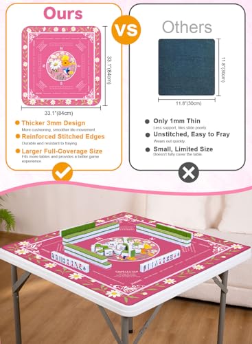 Crease-Free Mahjong Learning Mat 33.1" x 33.1", American Mah Jongg Mat with Rules, Quiet Non-Slip Large Mahjong Table Cover, Floral Gaming Mats for Mahjong, Poker, Dominoes & Board Games (Rose Pink) - color: Rose Pink