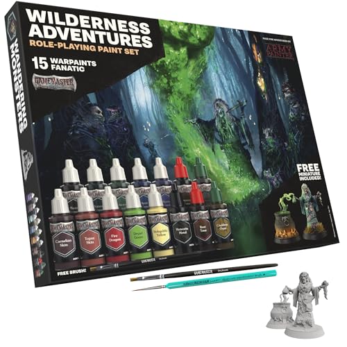 The Army Painter GameMaster: Wilderness Adventures Paint Set Combo, 15 x 18 mL Warpaints Fanatic Acrylic Paints, incl. a Brush-On Primer, 1 Miniature & 2 Brushes - for Warhammer & D&D - color: Wildernes Adventures Paint Set