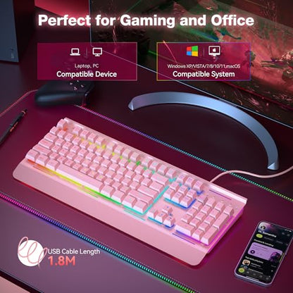 TECKNET Wired Gaming Keyboard, RGB Backlit Keyboard with Metal Panel Design | 15-Zone RGB Illumination, Whisper Quiet Design, IP32 Water Resistance, 25 Anti-ghosting Keys, Ergonomic Design - color: Pink