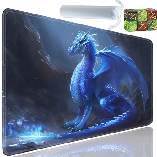 Playmat for MTG, 24x14 Inches Playmats, for TCG and CCG Trading Card Game Mat, Non-Slip Rubber for MTG Playmats with A Storage Bag and 6 Dice Set, Blue Flying Dragon Pattern - color: Yu-Playmat-1-A10