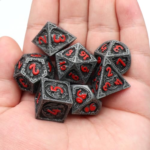 Haxtec Metal DND Dice Set, 7 Pcs Dragon Pattern Polyhedral Dice for RPG | Red Numbers D&D with Leather Bag, Compatible with Dungeons and Dragons, Matte Black Heavy Metallic, Gifts for Table Games - color: Matt Black Red