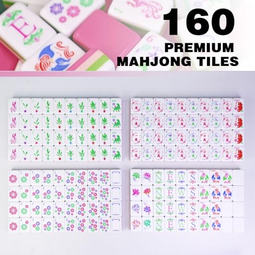 American Mahjong Game Set, Portable Carrying Bag,Acrylic 160 Tiles,Western Mahjong Tiles Set,Complete Ma Jong Set (Pink) - color: Pink