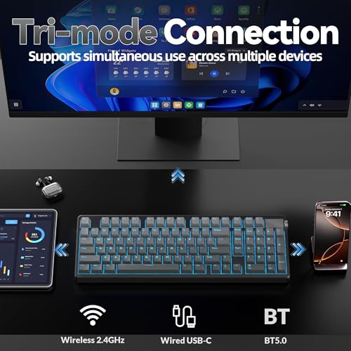 LEOBOG A98 Wireless Mechanical Keyboard, Tri-Mode BT5.0/2.4GHz/USB-C, Creamy Keyboard with Number Pad, Gasket Structure Hot Swappable, PBT Keycaps, RGB Backlit Black Gaming Keyboard with Knob for PC - color: Gradient Black