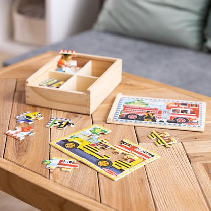 Melissa & Doug 4‑in‑1 Wooden Vehicle Jigsaw Puzzle Set, 48 Pieces with Storage Box, Toddler Puzzle Toy for Kids Ages 3+- FSC Certified - style: Vehicles