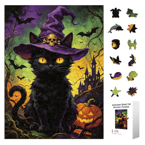 300pcs Wooden Puzzles for Adults Halloween Black Cat | Wood Jigsaw Puzzles with Unique Animal Shaped Pieces Challenging Puzzle for Family Game Birthday Gift Home Decor - color: Halloween Black Cat