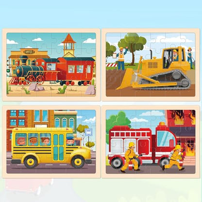 Puzzles for Kids Ages 4-6, 4 Packs 24 Pcs Wooden Jigsaw Puzzles for Toddlers Ages 2-4, Preschool Educational Vehicle Puzzle Toys Gifts for 3 4 5 6 Boys Girls - style: Vehicle