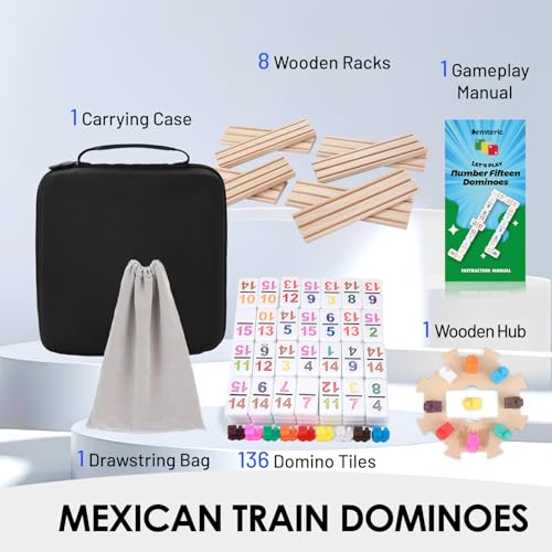 Mexican Train Dominoes Double 15, 136 Number Tiles, 8 Racks & Hub | Colorful Numbered Tiles, Wooden Racks, Center Hub, Portable Case, Great for More Players & Family Game Nights - style: Double 15 Number+8 Racks