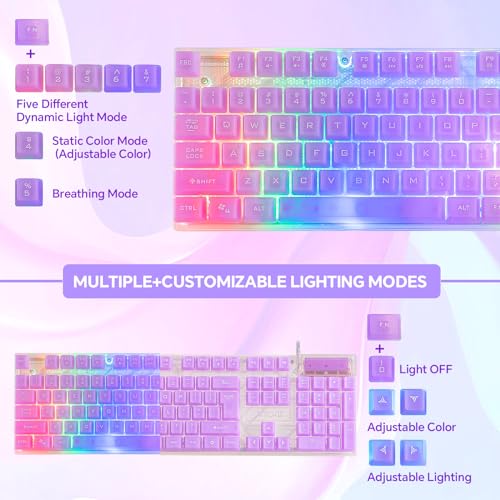 RGB Gaming Keyboard and Mouse Combo,USB Wired Custom Clear Keyboards | Rainbow LED Backlight Transparent Keyboard Mouse Set for Computer Windows PC PS4 Xbox Laptop - color: Clear Purple