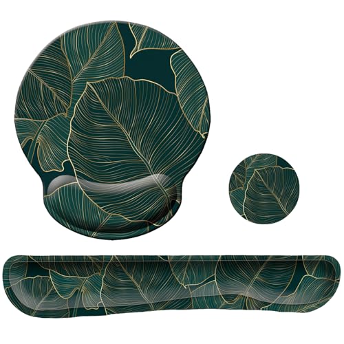 Keyboard Wrist Rest Pad Mouse Pad with Wrist Support Set of 3, Mousepad with Non-Slip Rubber Base, Ergonomic Memory Foam Mouse Wrist Cushion Support for Home Office Laptop Computer, Green Leaves - color: Green Leaves