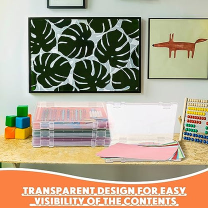 Wesiti 4 Pcs Scrapbook Paper Storage Box Clear Plastic Storage Boxes with Snap 14.17 x 10.63 x 1.77 Inches Art Project Case Craft Organizer File Document Holder Photo Magazine Letter Containers