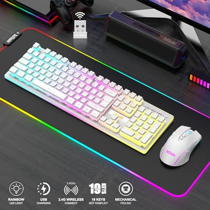 RedThunder K10 Wireless Gaming Keyboard and Mouse Combo, RGB Backlit Rechargeable 3800mAh Battery, Mechanical Feel Anti-ghosting Keyboard + 7D 3200DPI Mice for PC Gamer(White Pudding) - color: White Pudding