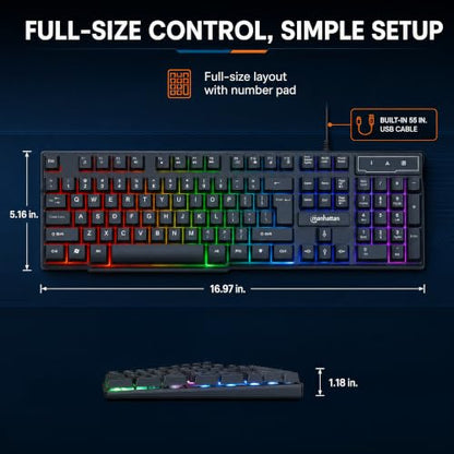 MANHATTAN RGB LED USB Gaming Keyboard - Full Size, Rainbow Backlight, Spill-Resistant, Quiet Keystrokes, 12 Multimedia Function Keys, for Computer, PC, Desktop, Gamer – 3 Yr Mfg Warranty - 180603 - color: Rainbow