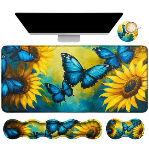 Memory Foam Keyboard Wrist Rest Desk Mat Set, Blue Butterfly Sunflower - color: Blue Butterfly Sunflower, size: 4Pcs Memory Foam Pad