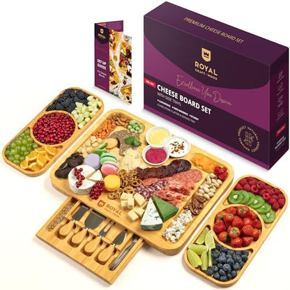 ROYAL CRAFT WOOD Bamboo Cheese Board and Knife Set with Charcuterie Board & Serving Tray with Appetizer Plates & Side Trays (17.5 x 13) - style: 5-6 Guests