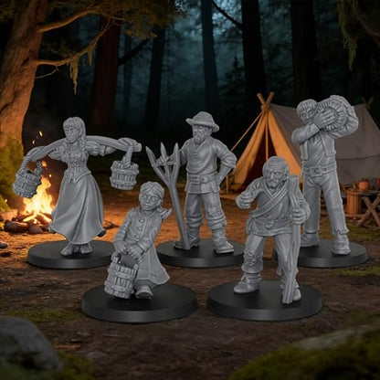 Fantasy TTRPG Village Life Scenery, 25mm Scale Unpainted Resin Civilian NPCs for Tabletop RPG Game, Townsfolk Commoner Miniatures 5pc Set - 1:64 Scale RPG Accessory, Villager NPC AS972