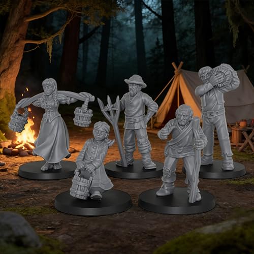 Fantasy TTRPG Village Life Scenery, 25mm Scale Unpainted Resin Civilian NPCs for Tabletop RPG Game, Townsfolk Commoner Miniatures 5pc Set - 1:64 Scale RPG Accessory, Villager NPC AS972