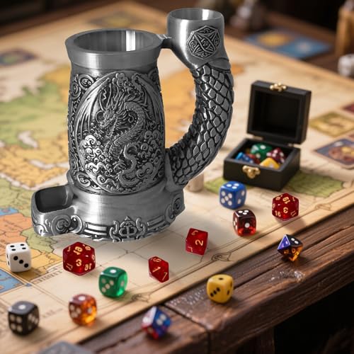 Dice Tower Mug, Dice Rolling Tower, Comes with 7 PCS Dice Set, Suitable for DND Dungeons and Dragons, Tabletop Games, Available As Drink Holder, D&D Gifts, DND Accessories (Silver-Dragon) - color: Silver-dragon
