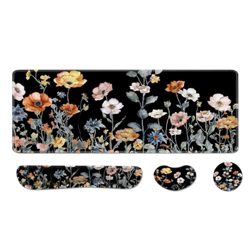 Desk Pad and Keyboard Wrist Rest, Large Mouse Pad + Keyboard Pad+Mouse Wrist Support, Non-Slip Desk Mat Protector for Office, Home 31.5×11.8 Inches Fall Floral - color: Fall Floral