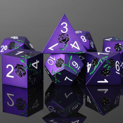 Rose Engraved Metal Dice Set 7PCS for DND RPG Tabletop Gaming | Solid zinc alloy build with 150g weight for balanced rolls(Purple with Black Rose) - color: Purple With Black Rose