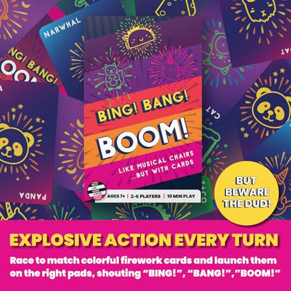 Bing Bang Boom Card Game by Taco Cat Games, Ages 7+, 2-6 Players | Race to match firework cards & shout Bing Bang Boom, Don't get stuck with a Dud, Big Action, Great for parties, Quick rounds