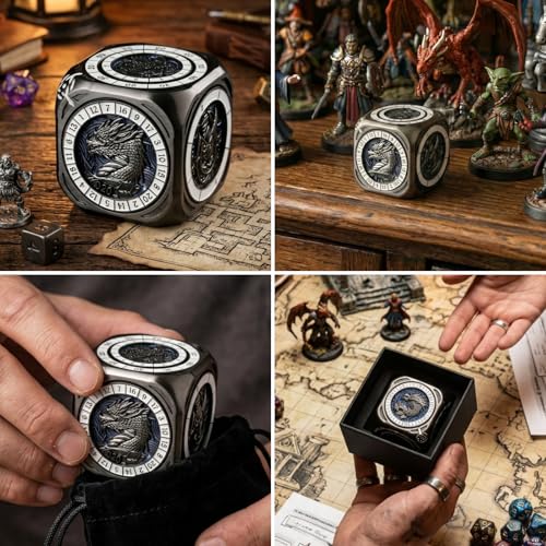 7-in-1 Spinner Dice Cube for D&D, Premium Metal RPG Dice Set with Engraved Fantasy Monsters, Unique Collectible Gift for Dungeons & Dragons Players - color: Spinner Cube Blue