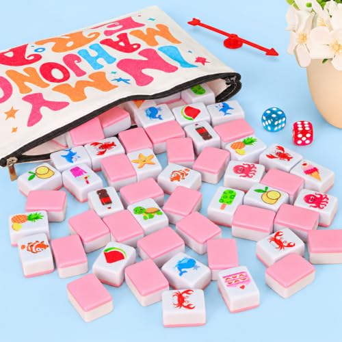 2 Player Mahjong Block Set, 66 Pink Tiles, 1.18 Inch Ocean and Food Theme Travel Mahjong Set with Storage Bag for Beach Trips, Summer Parties and Family Game Night Gifts