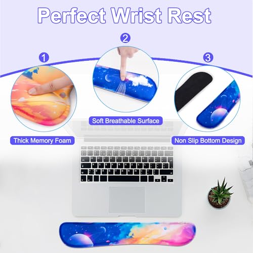 MEGREZ 4-in-1 Mouse Pad with Wrist Rest Ergonomic Memory Foam Desk Mat Set | ergonomic, anti-slip base, 4pcs set, desk pad, mouse wrist rest, keyboard rest, coaster, ideal for office & gaming - color: Colorful Interstellar