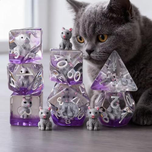 DND Resin Cat Dice Set, D&D Polyhedral Dice for Dungeons and Dragons RPG, MTG Role Playing Games D and D Dice 7pcs D20 D12 D10 D8 D6 D4 for Ages 15 and Up - color: Cat