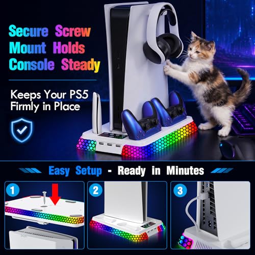 Cooling Station for PS5 Slim Pro,Vertical Stand with Adjustable Fan Charger | Gift for PS5 Long Gaming,3 Level Quiet Fan,Two Controller Charging,10 Colors Dynamic Mode,Headset Hook,USB Hub,Anti-Slip Base - color: White