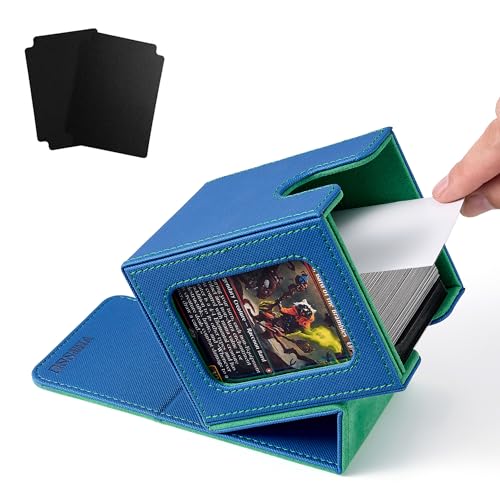 MTG Deck Box with Commander Display Window (Blue&Green, 1 window) | Holds 120 Single/100 Double-Sleeved Cards, Fit MTG/PTCG/OPTCG Cards, Strong Magnet, PU Leather, With 2 Dividers & 1 Toploader - color: Blue and Green