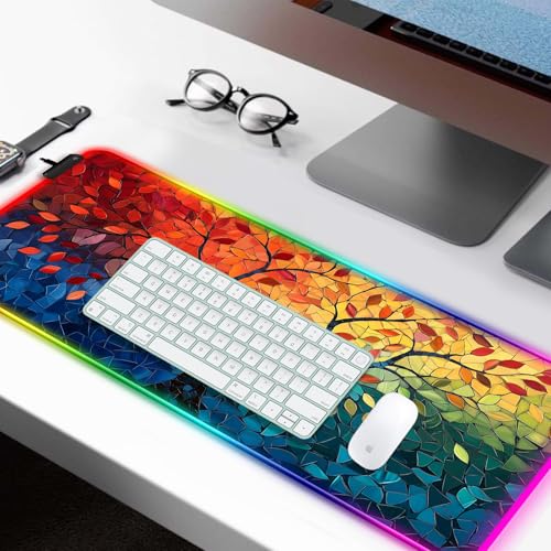 RGB Fantasy Tree of Life Gaming Desk Mat, Computer Keyboard Large Extended Long Abstract LED Mouse Pad for Office and Home, XL (W04) - color: Rgb-w04