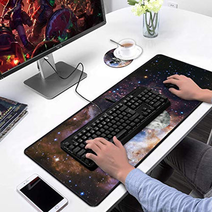 Desk Pad Mat Gaming Mouse Pads with Coasters Set, Stitched Edges Design Mouse Pad XXL Large Mouse Pad for Laptop Computers Galaxy Fly Cat Desk Writing Mat for Office & Home 31.5x 11.8 - color: Galaxy Fly Cat
