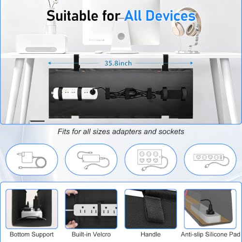 36" Under Desk Cable Management Tray, No-Drill Clamp-On Under Desk Cord Management for Desk, Anti-Sag Fabric Wire Management for Power Strips, Cable Raceways Tray Cord Hiders for Office/Home (Black)