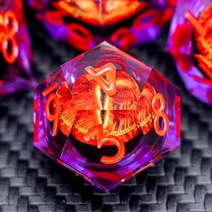 ARUOHHA DND Resin Dice Gazes Eye Dice Purple Red Liquid Core Flaming RPG Sharp Edged Dice Set with Gift Box, Polyhedral D and D Dice Set Compatible with Dungeons Dragons Role Playing Game D20 D6 - color: Sl01-purple Red