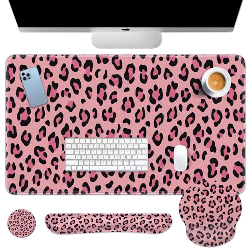 Arttown Keyboard Mouse Pad Set, 4 in 1 Desk Mat Set Leopard Pink | Black Animal Print Large Mousepad+Keyboard Wrist Rest+Mouse Wrist Rest+Coaster Ergonomic Design for Home Office Computer - color: Pink Black Leopard