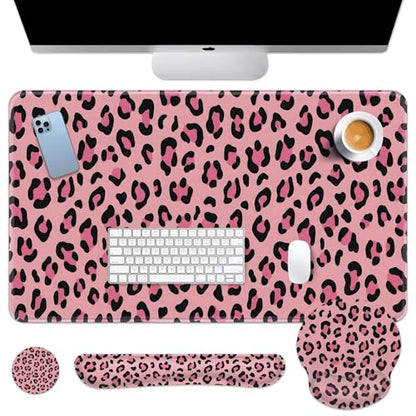 Arttown Keyboard Mouse Pad Set, 4 in 1 Desk Mat Set Leopard Pink | Black Animal Print Large Mousepad+Keyboard Wrist Rest+Mouse Wrist Rest+Coaster Ergonomic Design for Home Office Computer - color: Pink Black Leopard