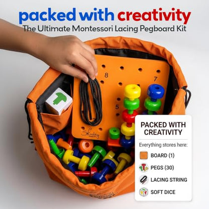 Peg Board Set - Montessori Toys for 2 Year Old - 33 Pc Peg Board for Kids - Occupational Therapy Toys with Pegs, Dice, Lacing String & Storage Bag - Montessori Toys for 2+ Year Old | Occupational Therapy Toys with Pegs, Dice, Lacing String & Storage Bag -