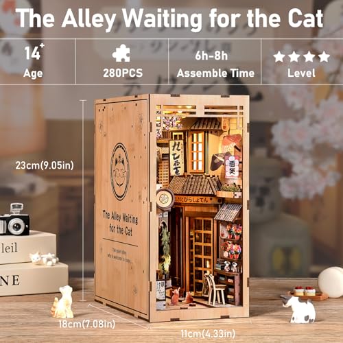 Book Nook Kit - DIY Miniature Dollhouse Kit, Japanese Style 3D Wooden Puzzle with LED Lights for Adults and Teens, Tiny House Bookshelf Decor, Gifts for Family and Friends - style: Alley of Awaiting Cats