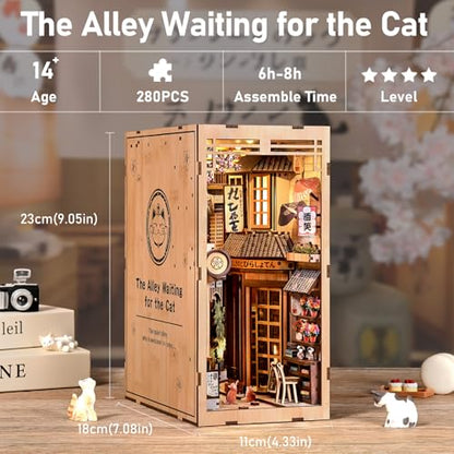 Book Nook Kit - DIY Miniature Dollhouse Kit, Japanese Style 3D Wooden Puzzle with LED Lights for Adults and Teens, Tiny House Bookshelf Decor, Gifts for Family and Friends - style: Alley of Awaiting Cats