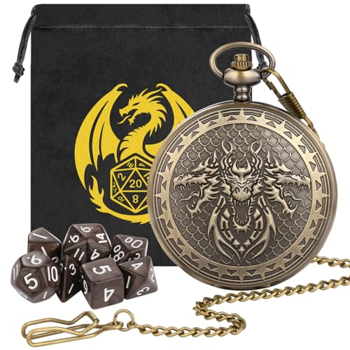 DND Dice Set, 7pcs Small Acrylic Dice with Pocket Watch Case, DND Starter Set, Polyhedral Dice for RPG, Shadowrun, TCG, D&D Accessories, Gifts for Men Women, 3 Head Dragon Design, Brown Dice - color: 3 Dragon Head a