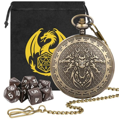 DND Dice Set, 7pcs Small Acrylic Dice with Pocket Watch Case, DND Starter Set, Polyhedral Dice for RPG, Shadowrun, TCG, D&D Accessories, Gifts for Men Women, 3 Head Dragon Design, Brown Dice - color: 3 Dragon Head a