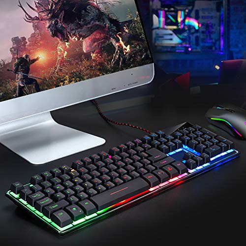 GTRACING Gaming Keyboard Wired USB Gamer Keyboards Rainbow LED Backlit 104 Keys Ergonomic Keyboard Compatible with Windows PC Gamer Desktop