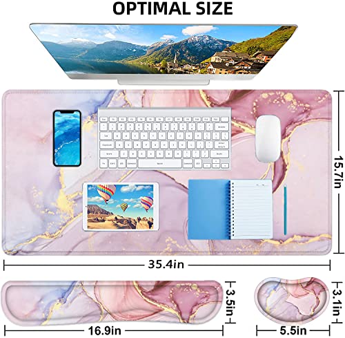 Large Mouse Pad with Wrist Rest, 4-in-1 Wrist Rest for Keyboard and Mouse | Non-Slip Waterproof Desk Mat Set, 35.4"x15.7" Desk Mat+Keyboard Wrist Rest+Mouse Wrist Support+Cup Coaster for Home Office - color: 4Pcs-Pink Marble