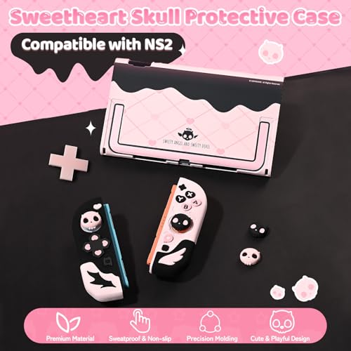 Geekshare Protective Case Set Compatible with switch 2, PC Back Plate with Silicone Joysticks Covers, Includes 2 Thumb Grips, Waterproof Protection - Sweetheart Skull (Black & Pink) - size: for Switch 2