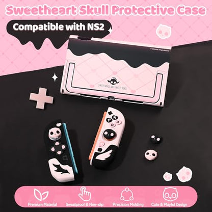 Geekshare Protective Case Set Compatible with switch 2, PC Back Plate with Silicone Joysticks Covers, Includes 2 Thumb Grips, Waterproof Protection - Sweetheart Skull (Black & Pink) - size: for Switch 2