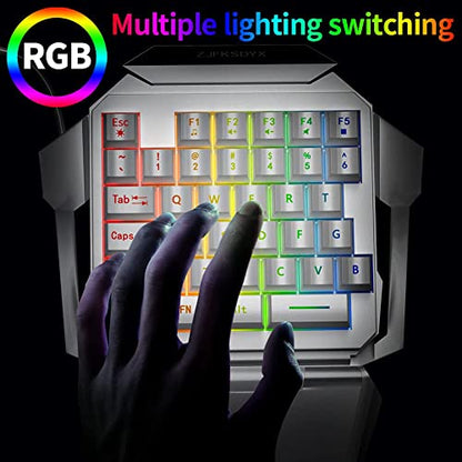One-Handed Gaming Keyboard and Mouse Combination Mini Wired RGB Backlit Half Keyboard, Mechanical Feel, Support Wrist Rest Suitable for Professional Gamers(White) (Renewed)