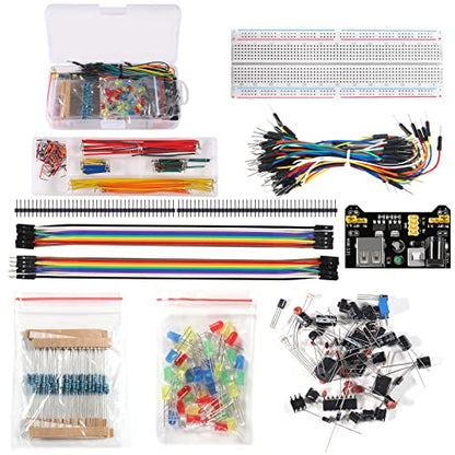 480pcs 37 Values Electronics Component Fun Kit with Power Supply Module, Jumper Wire, 830 tie-Points Breadboard, Precision Potentiometer, Resistor