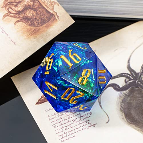 Cusdie Single D20 DND Dice with Sharp Edges and Glitter Foil Inclusions, 20 Sided D&D Dice, 33mm Handcrafted Polyhedral Dice, for Role Playing Game (Sapphire Blue/G) - color: Sapphire Blue