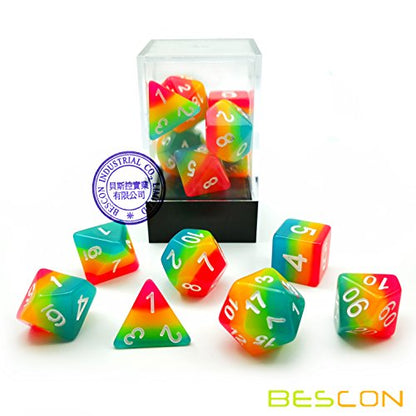 Bescon Fantasy Rainbow Glowing Polyhedral Dice 7pcs Set Midnight Candy, Luminous RPG Dice Set Glow in Dark, Novelty DND Game Dice d4 d6 d8 d10 d12 d20 d% in Brick Box - color: Midnight Candy